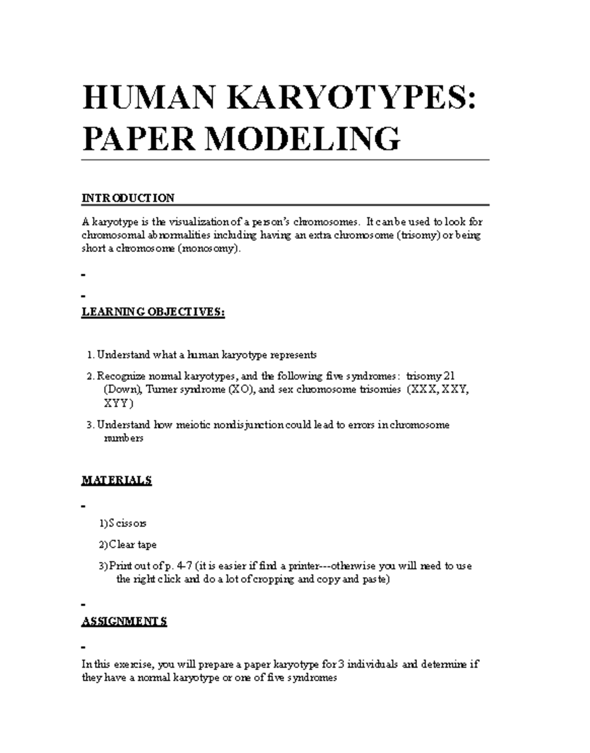 HUMAN KARYOTYPES: PAPER MODELING INTRODUCTION (BIO101) - Studocu