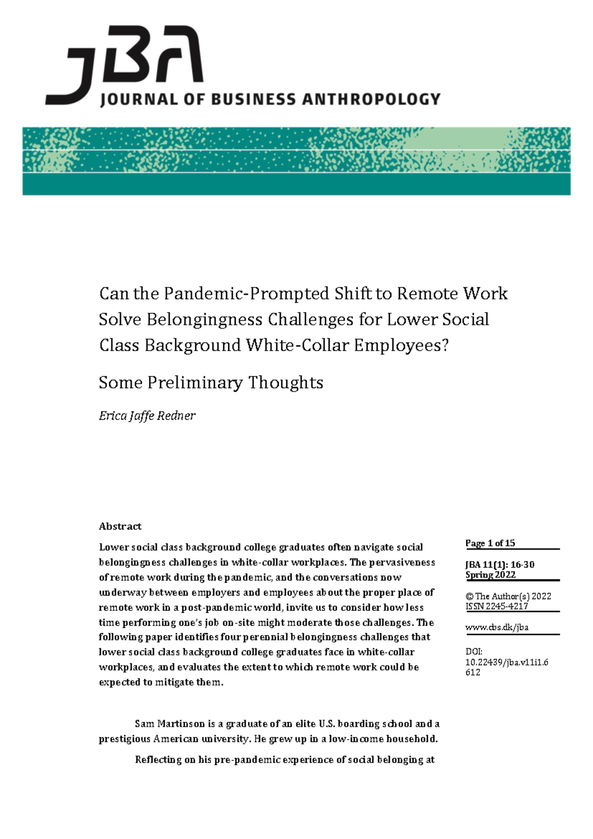 Remote Work and Belongingness Challenges for Lower Class Workers (JBA ...