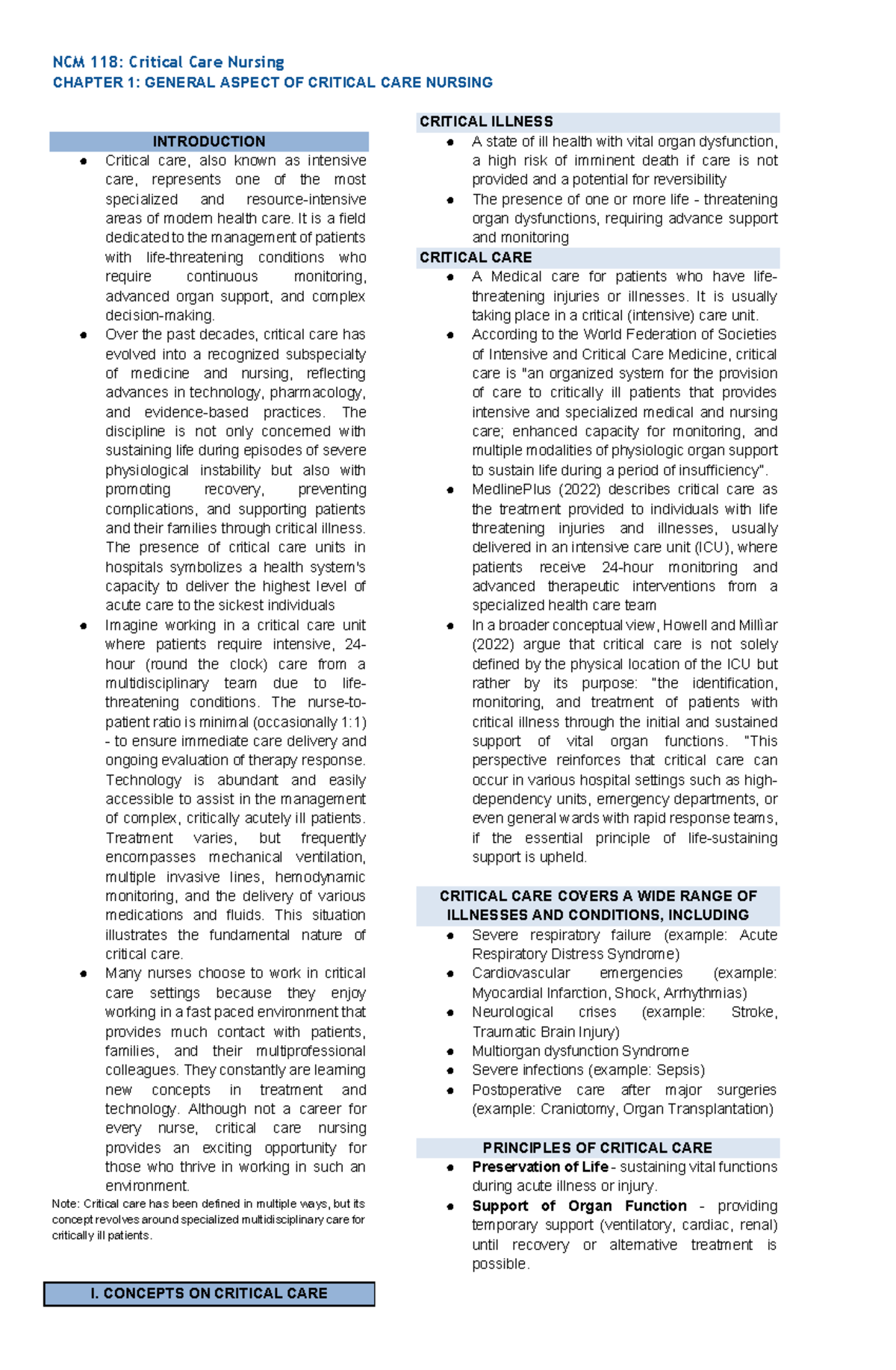NCM 118: Critical Care Nursing - Chapter 1 Overview of Critical Care ...