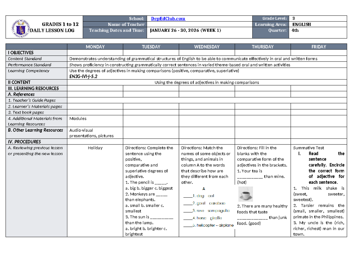 DTC DLL English 3 Q4 W1 - Daily Lesson Log on Adjectives - Studocu