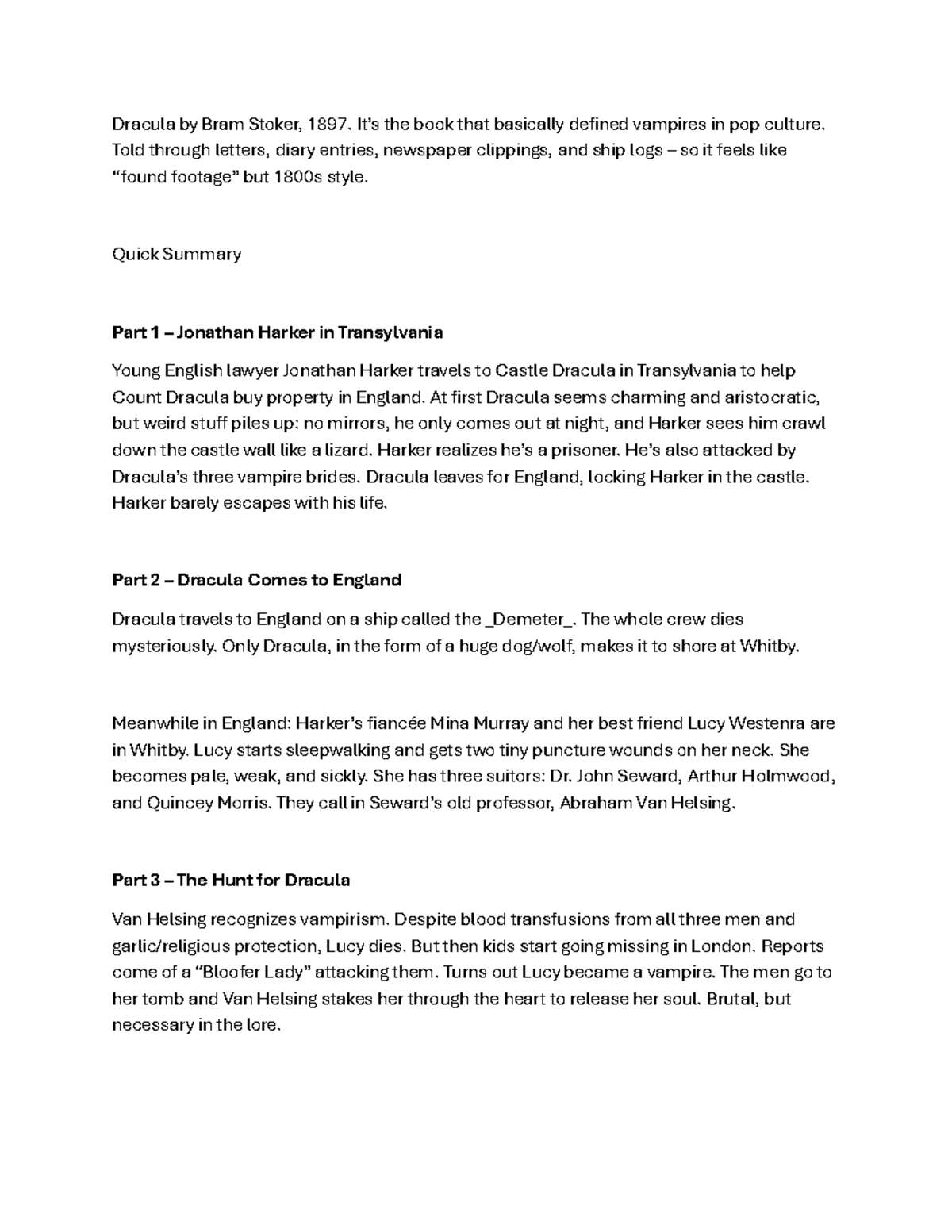 Summary of Dracula (1897) - Key Points & Analysis - Studocu