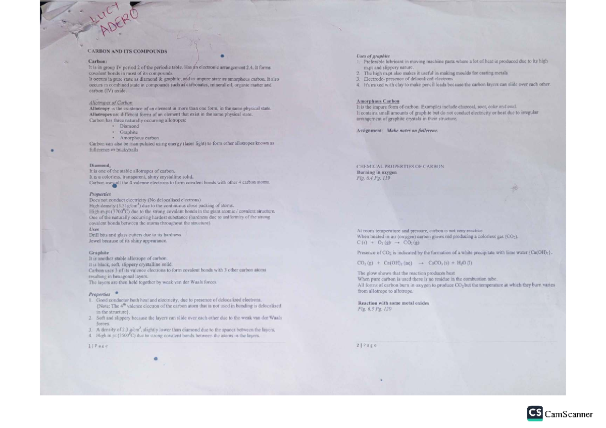 CS: Carbon and Its Compounds - Properties, Uses, and Reactions - Studocu