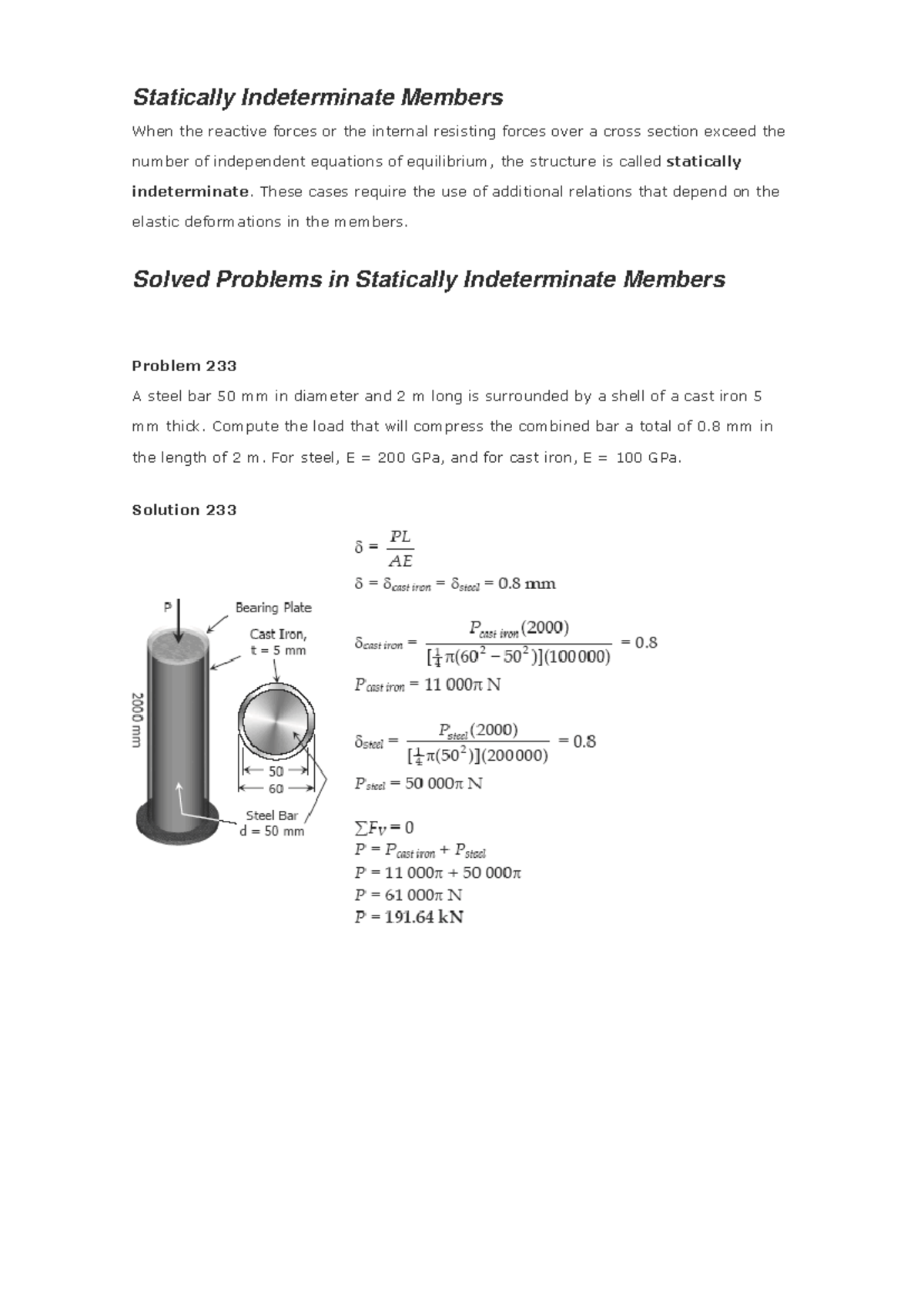 Statically Indeterminate Members: Solved Problems and Solutions - Studocu