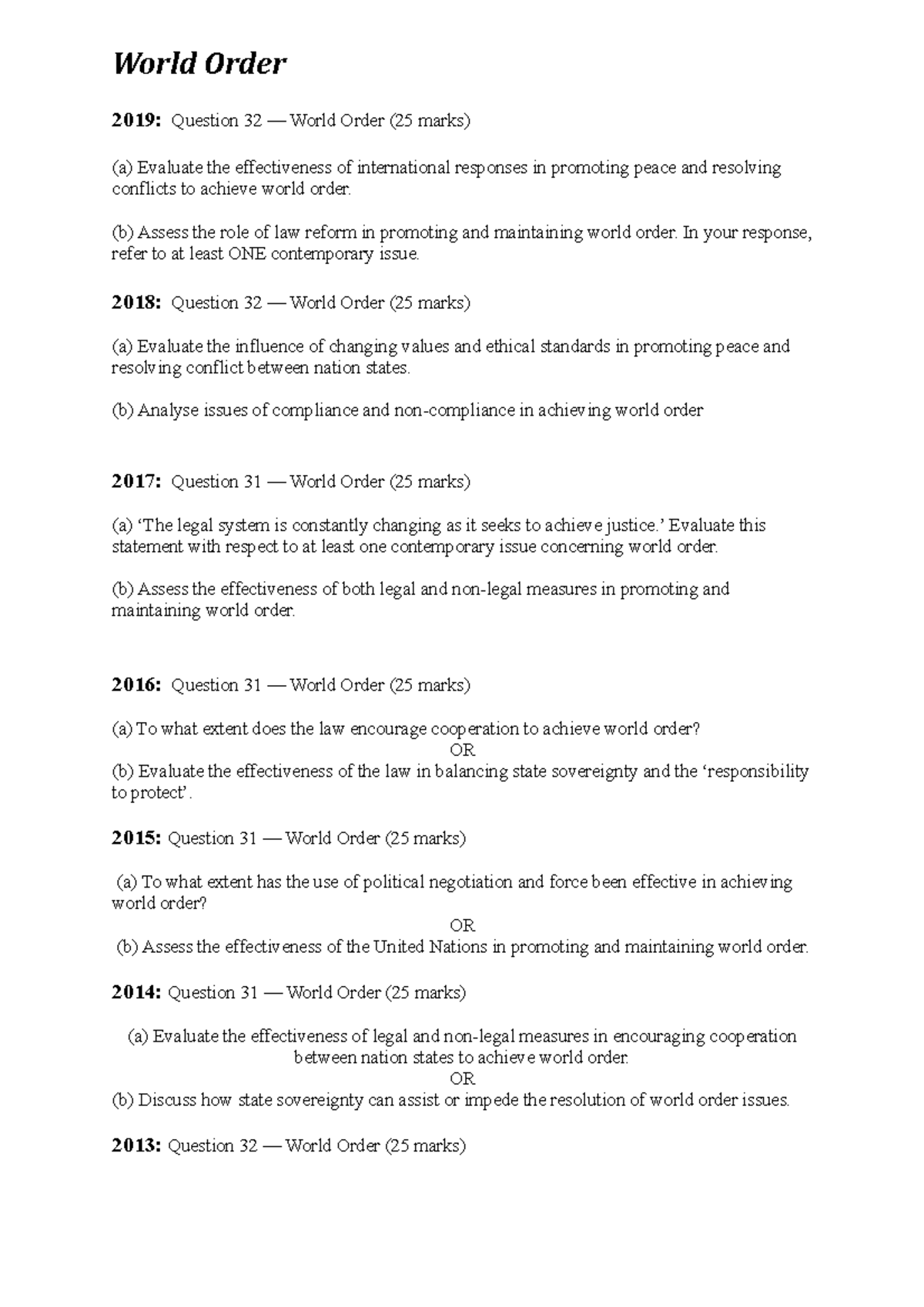 Yr 12 Legal Studies: Examining Contemporary World Order Issues - Studocu