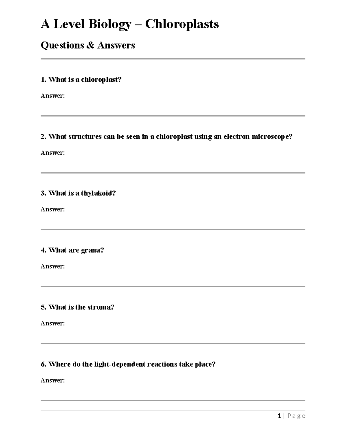 A Level Biology GR12 Chloroplasts Q&A Guide - Studocu