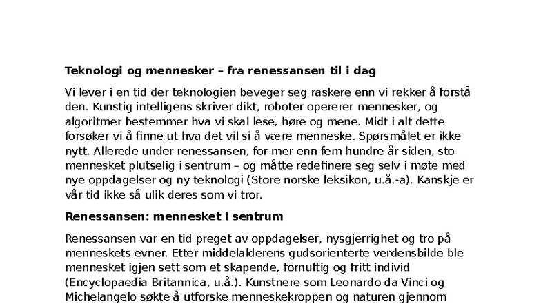 AI og mennesket: Fra renessansen til dagens teknologi - Studocu