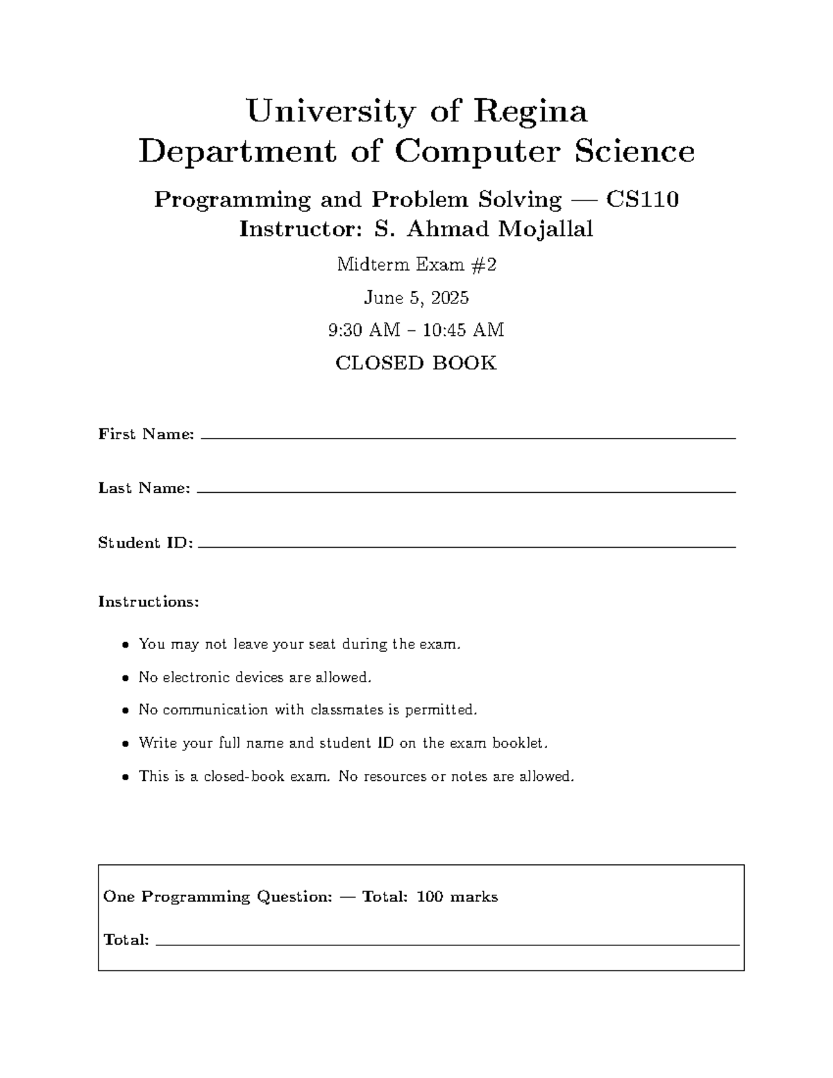 CS110 Midterm Exam: Programming & Problem Solving Solutions - Studocu