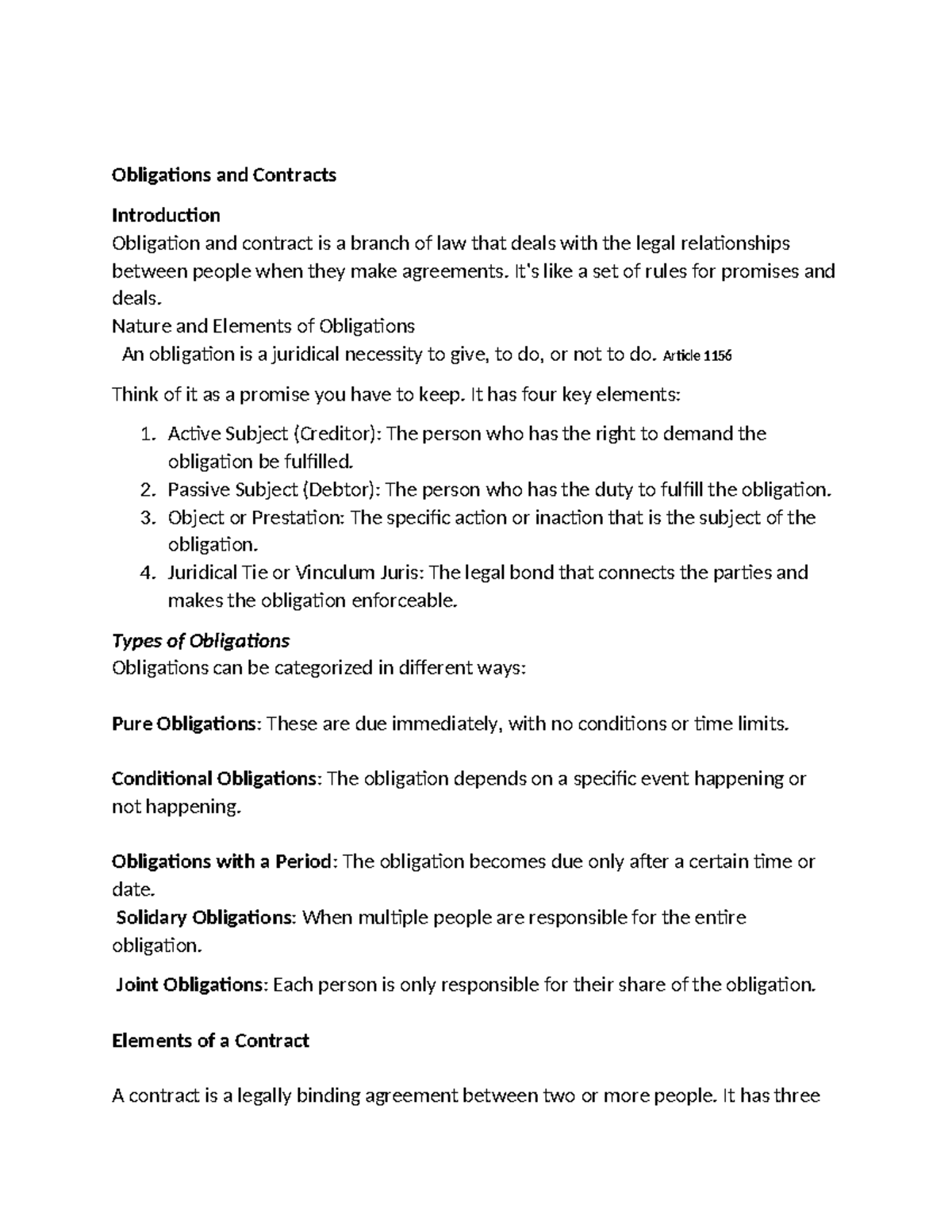 Obligations and Contracts Overview: Key Elements and Types - Studocu