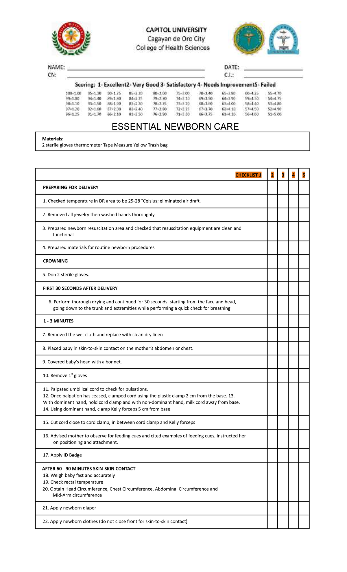 EINC: Essential Newborn Care Checklist for Delivery Procedures - Studocu