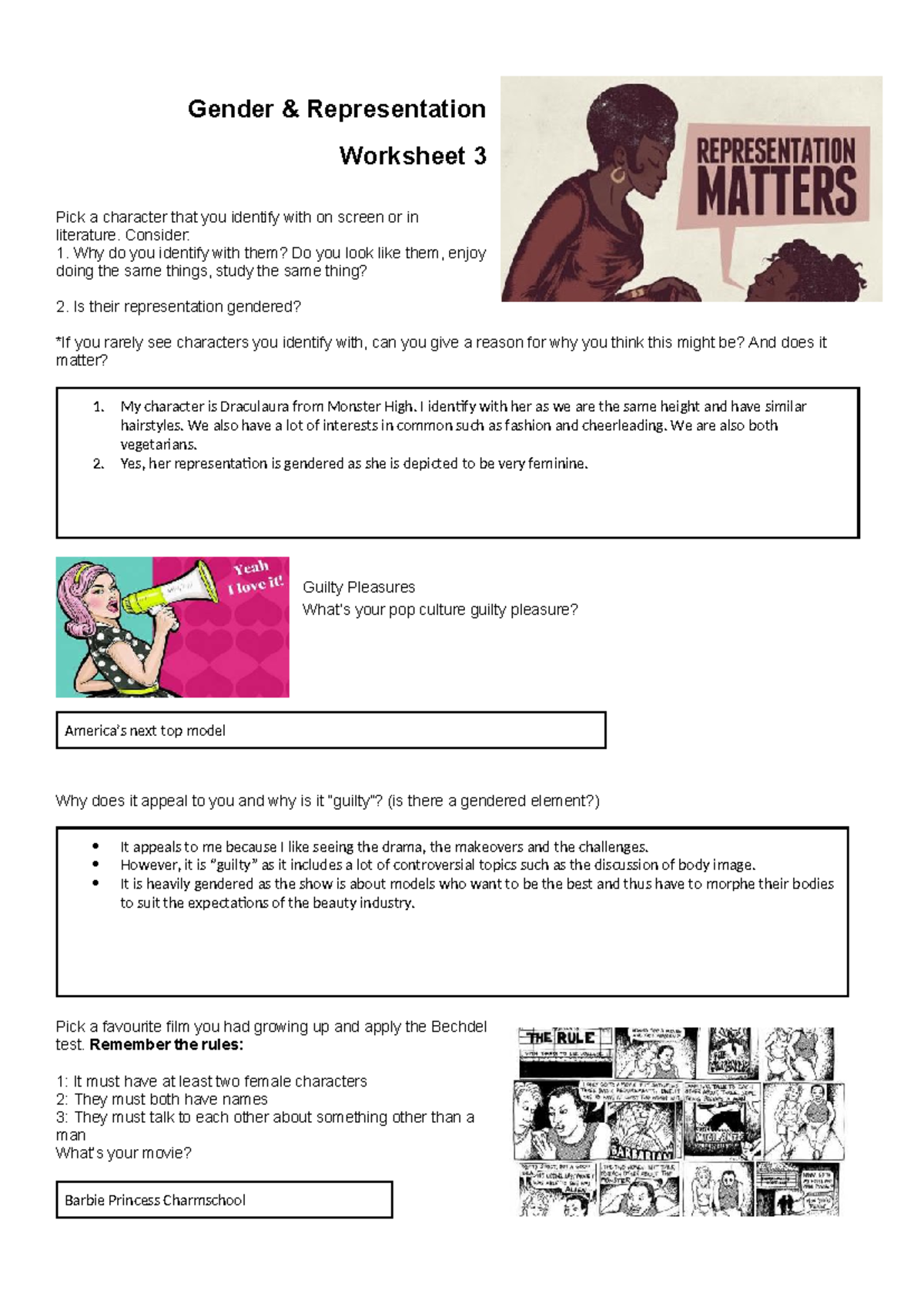 Gender and representation - Gender & Representation Worksheet 3 Pick a ...