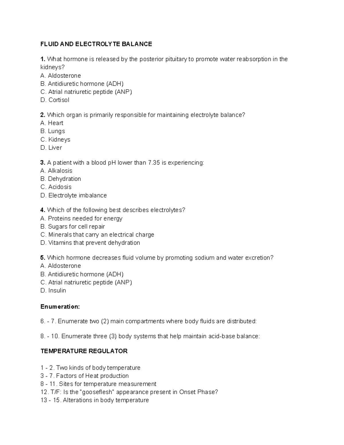FLUID AND ELECTROLYTE BALANCE QUIZ WITH ANSWERS - PRACTICE - Studocu
