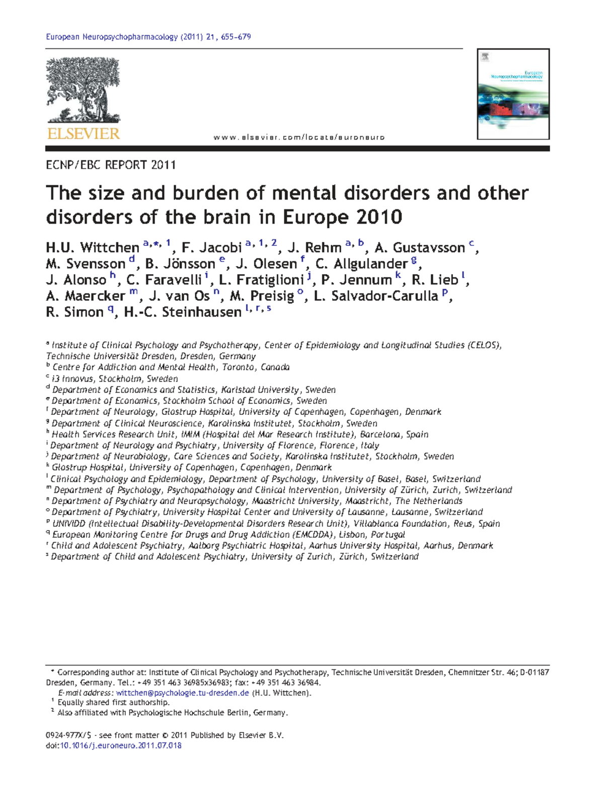 ECNP/EBC Report 2011: Mental Disorders in Europe - Studocu