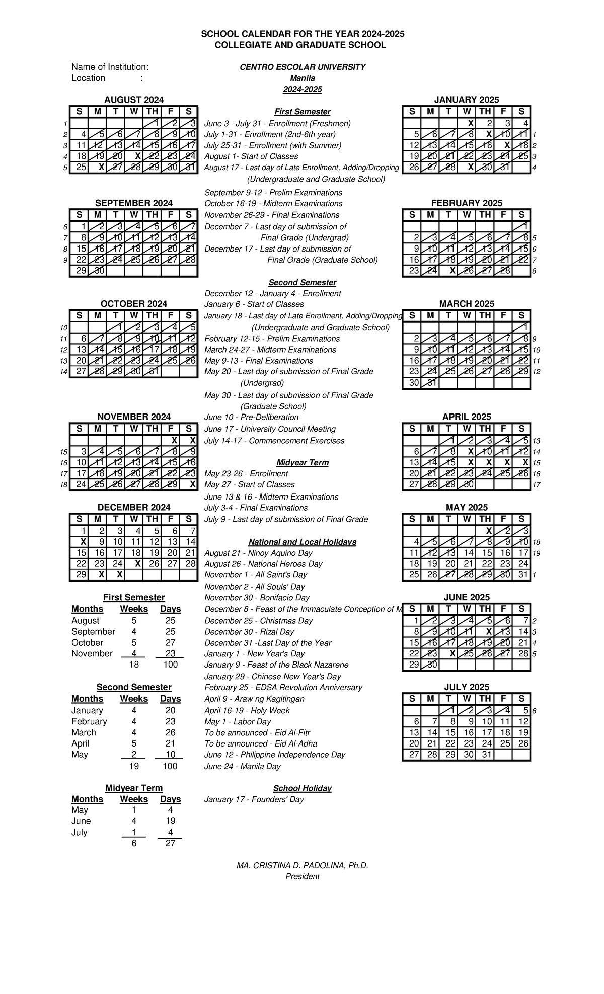 Centro Escolar University School Calendar SY 2024-2025 (Collegiate ...