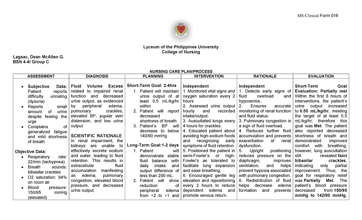 NCP Form 016: Nursing Care Plan for Patient with Fluid Volume Excess ...