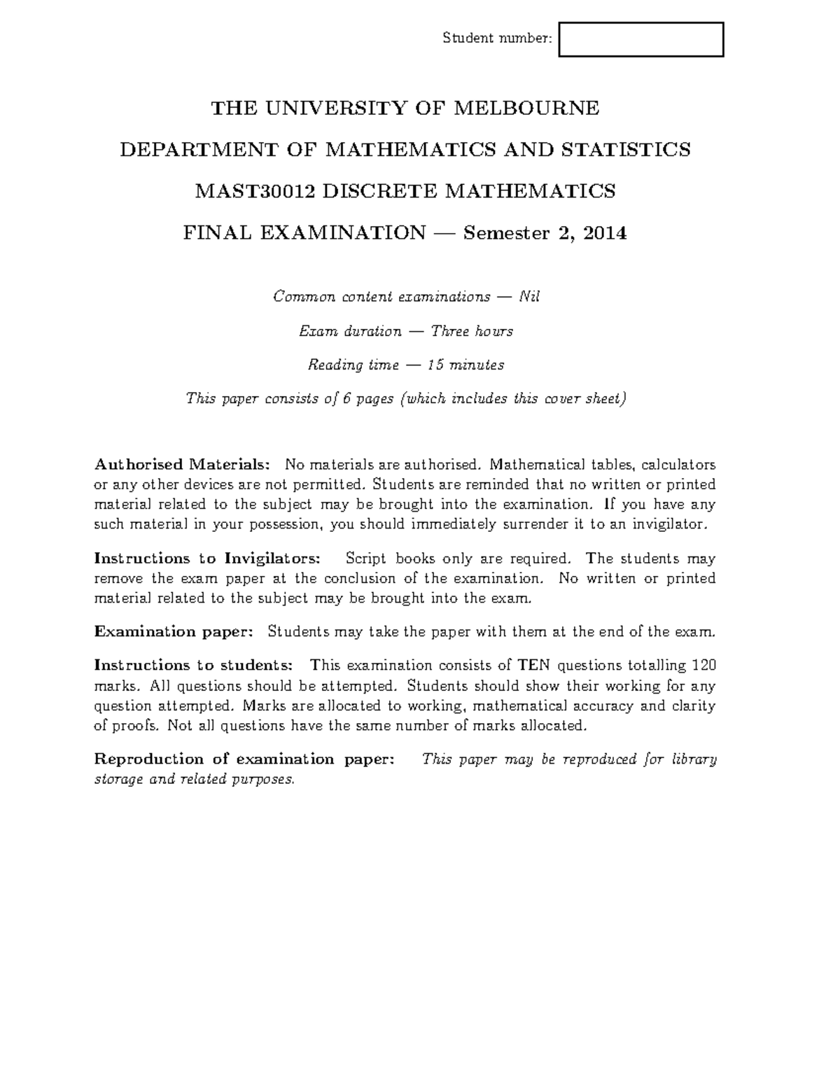 Exam 2014, questions and answers - Student number: THE UNIVERSITY OF ...