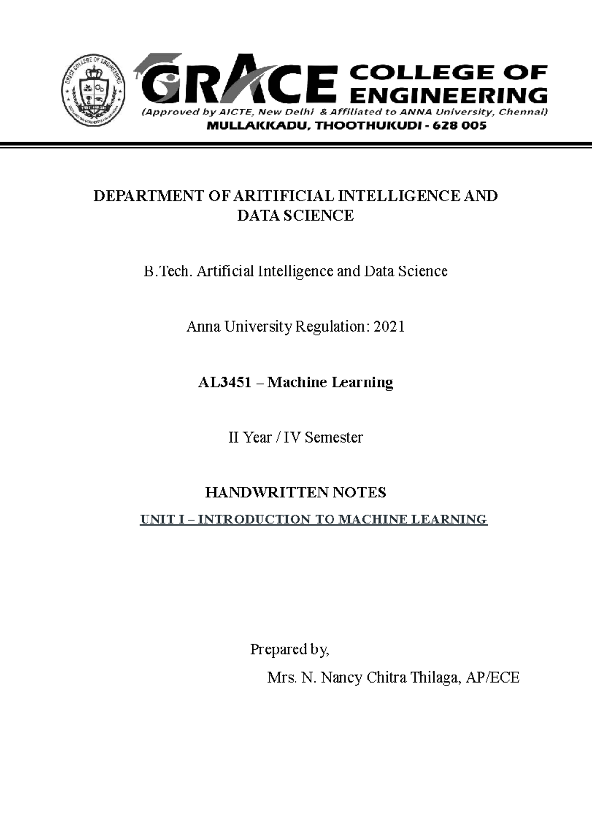 B.Tech. AI & DS AL3451 Machine Learning II Year Unit I Notes - Studocu