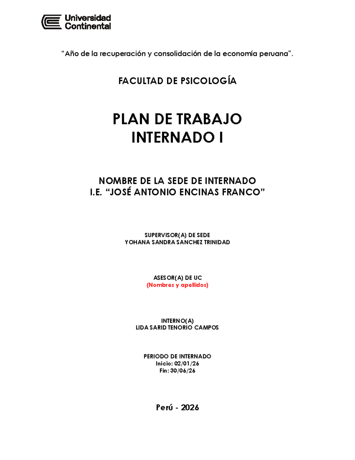 Plan de Trabajo Internado I en Psicología - I.E. Antonio Encinas - Document Preview