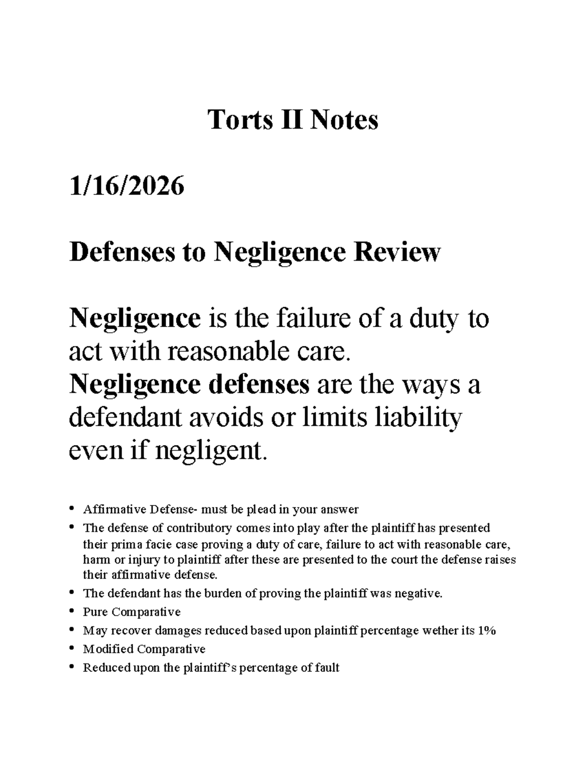 Torts II Notes: Defenses to Negligence Overview and Key Concepts - Studocu