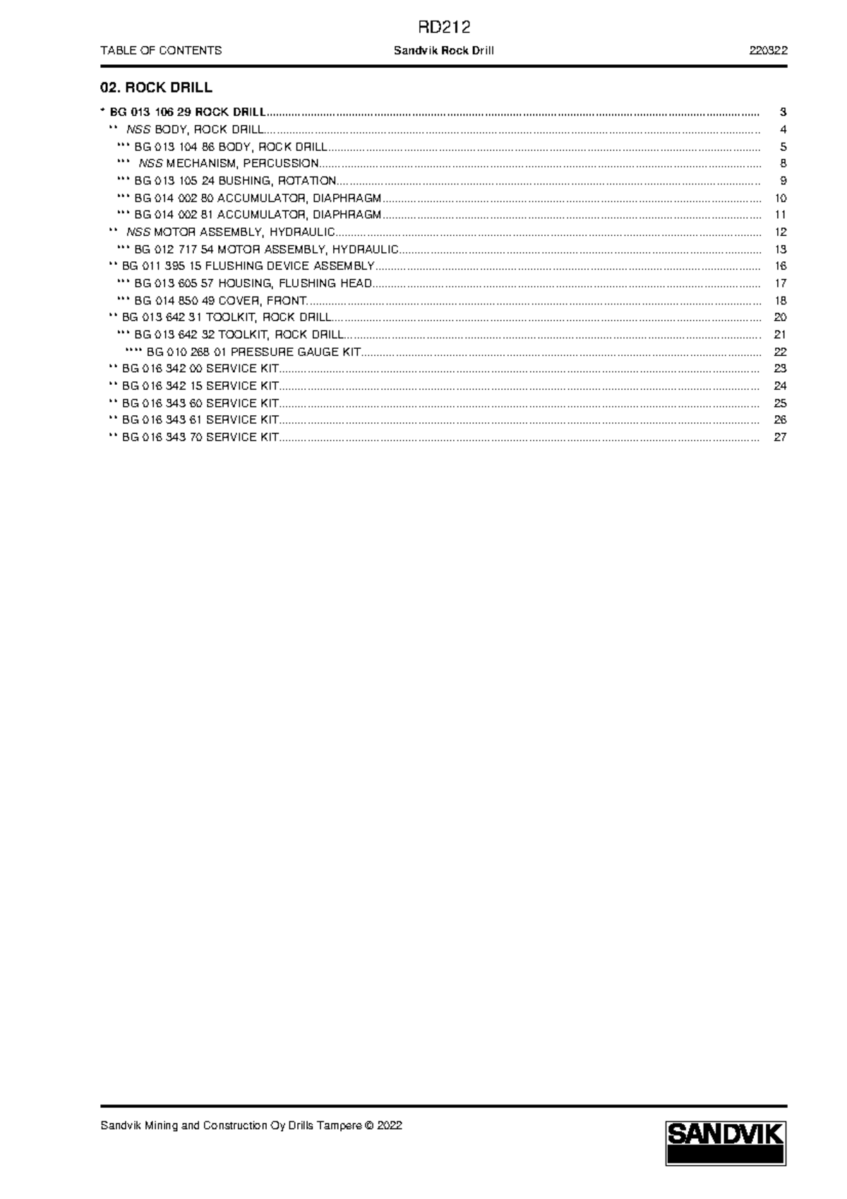 RD212 Rock Drill Parts Breakdown - Sandvik 220322 - Studocu