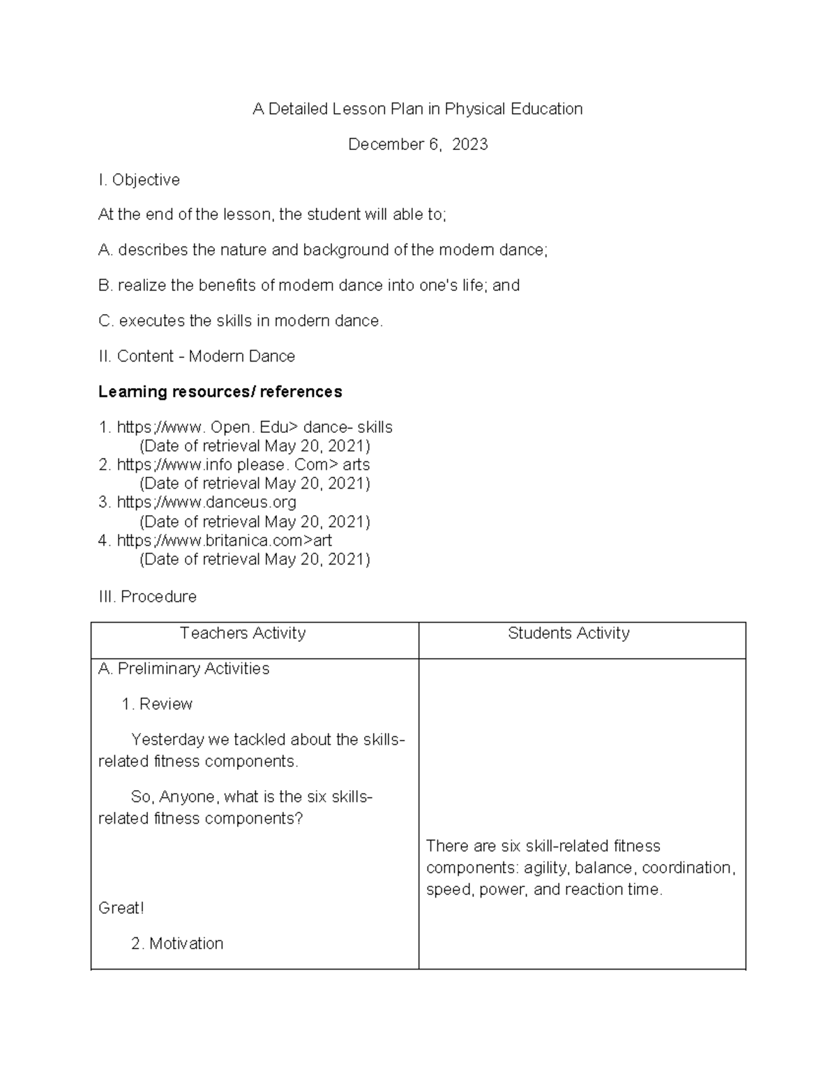 BPED 2B Lesson Plan: Exploring Modern Dance Through Media - Studocu
