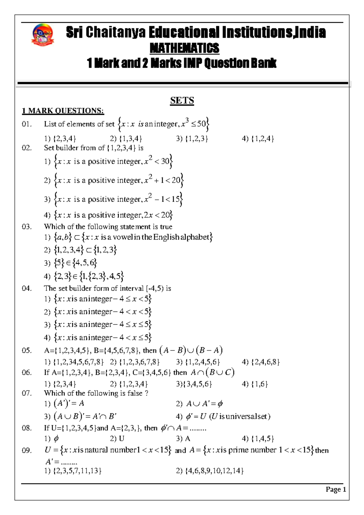 Mathematics 1 Mark and 2 Marks Important Questions - Sri Chaitanya ...