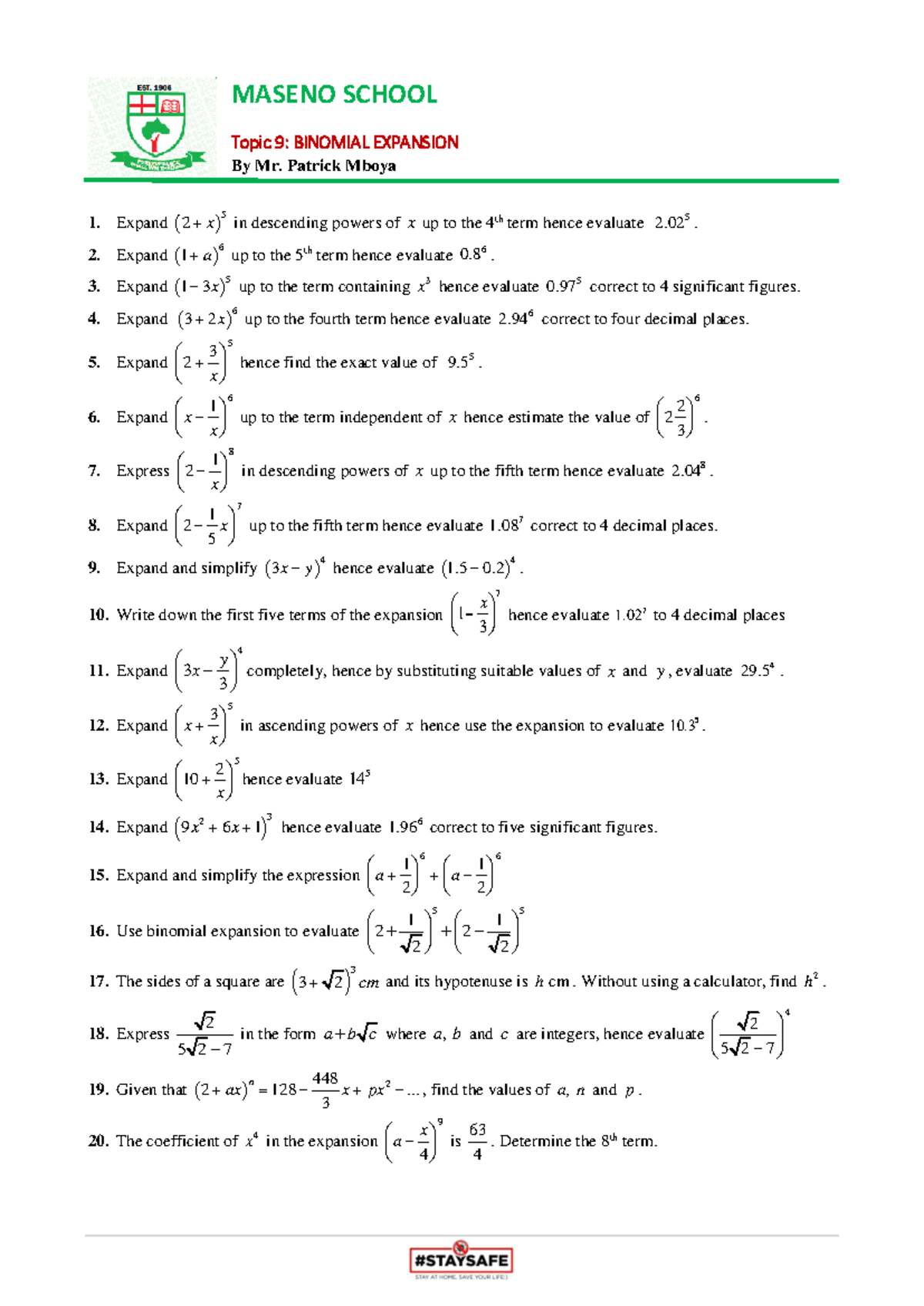 Binomial Expansion Exercise Notes - Maseno School - Studocu