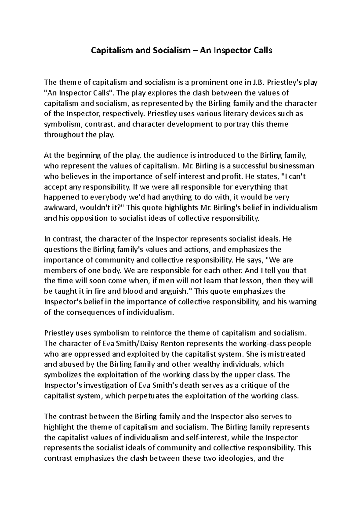 Capitalism and Socialism in An Inspector Calls Priestley