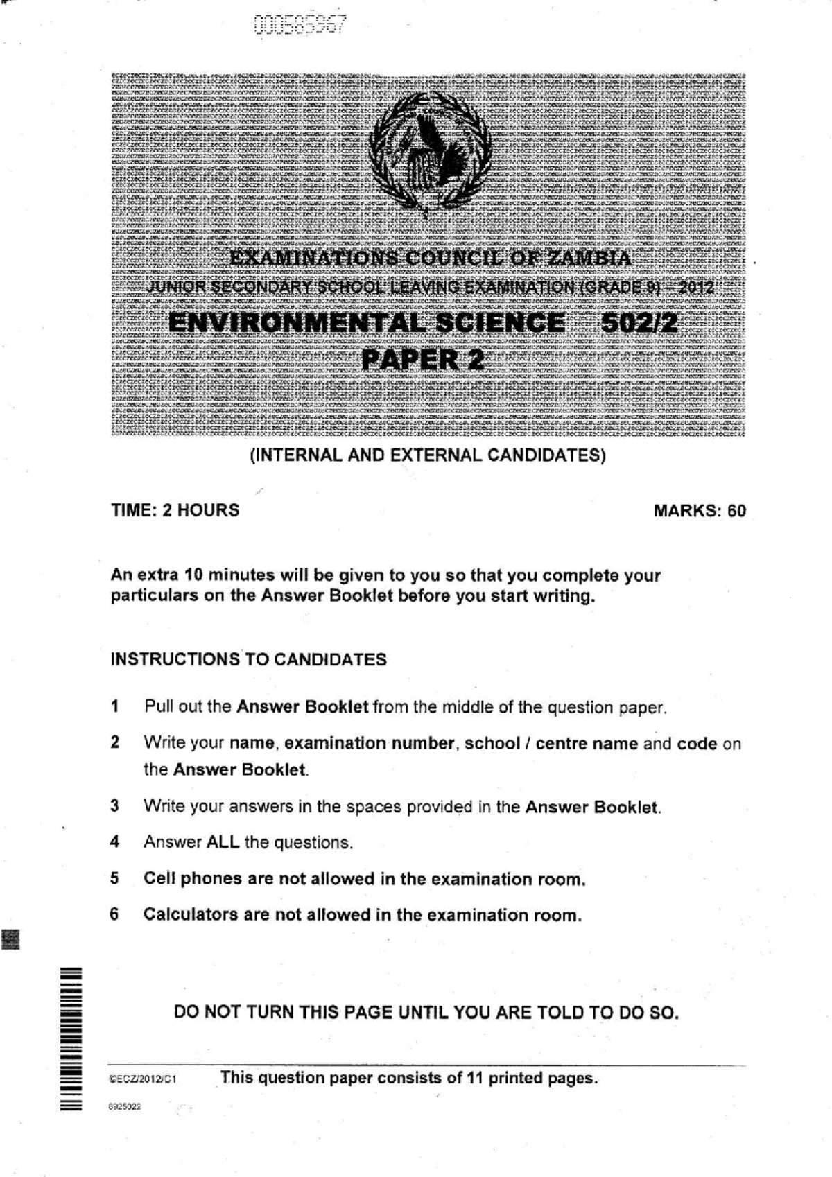 G9 ENVIRONMENTAL SCIENCE PAPER 2 (2012) - STUDY WORKSHEET - Studocu