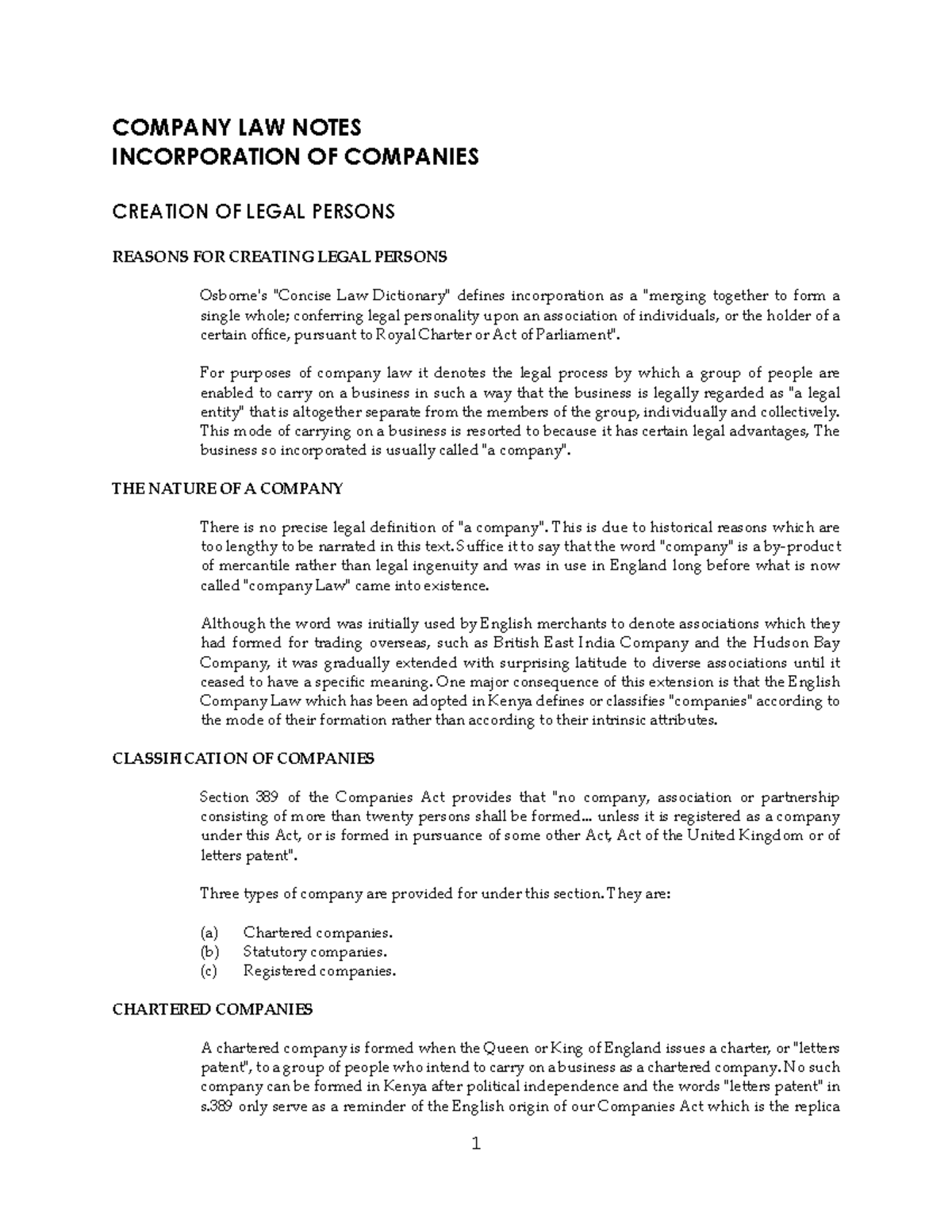 COMPANY LAW NOTES: INCORPORATION & LEGAL PERSONS (LAW 101) - Studocu