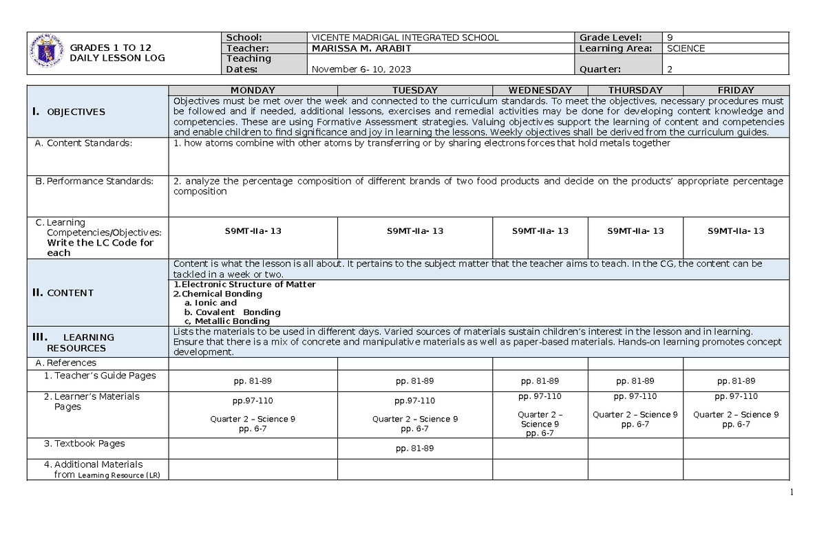 Sci9 DLL Week 10: Daily Lesson Log for Science 9 (Nov 10, 2023) - Studocu