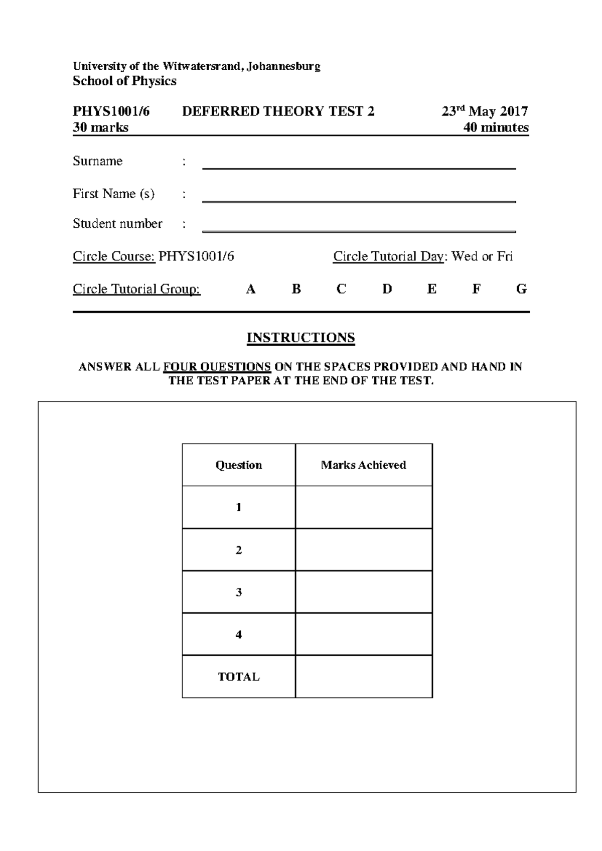 PHYS1001 Deferred Theory Test 2 Past Paper - 30 Marks - Studocu