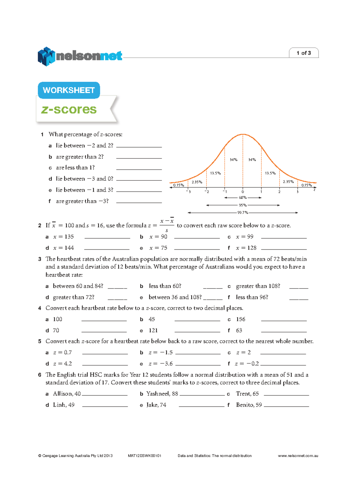Worksheet on Z-Scores and Normal Distribution Analysis - MAT12DSWK00101 ...