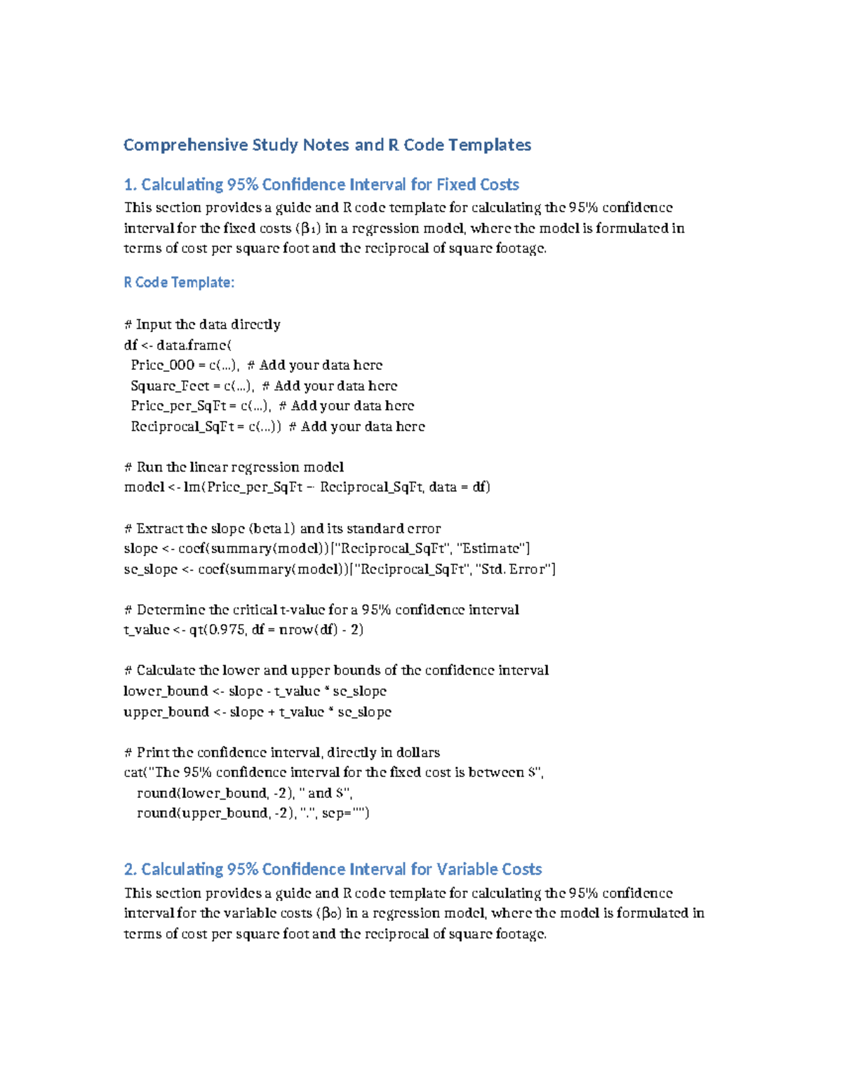 Chapter 21 R Code Templates for Cost Confidence Intervals and ...