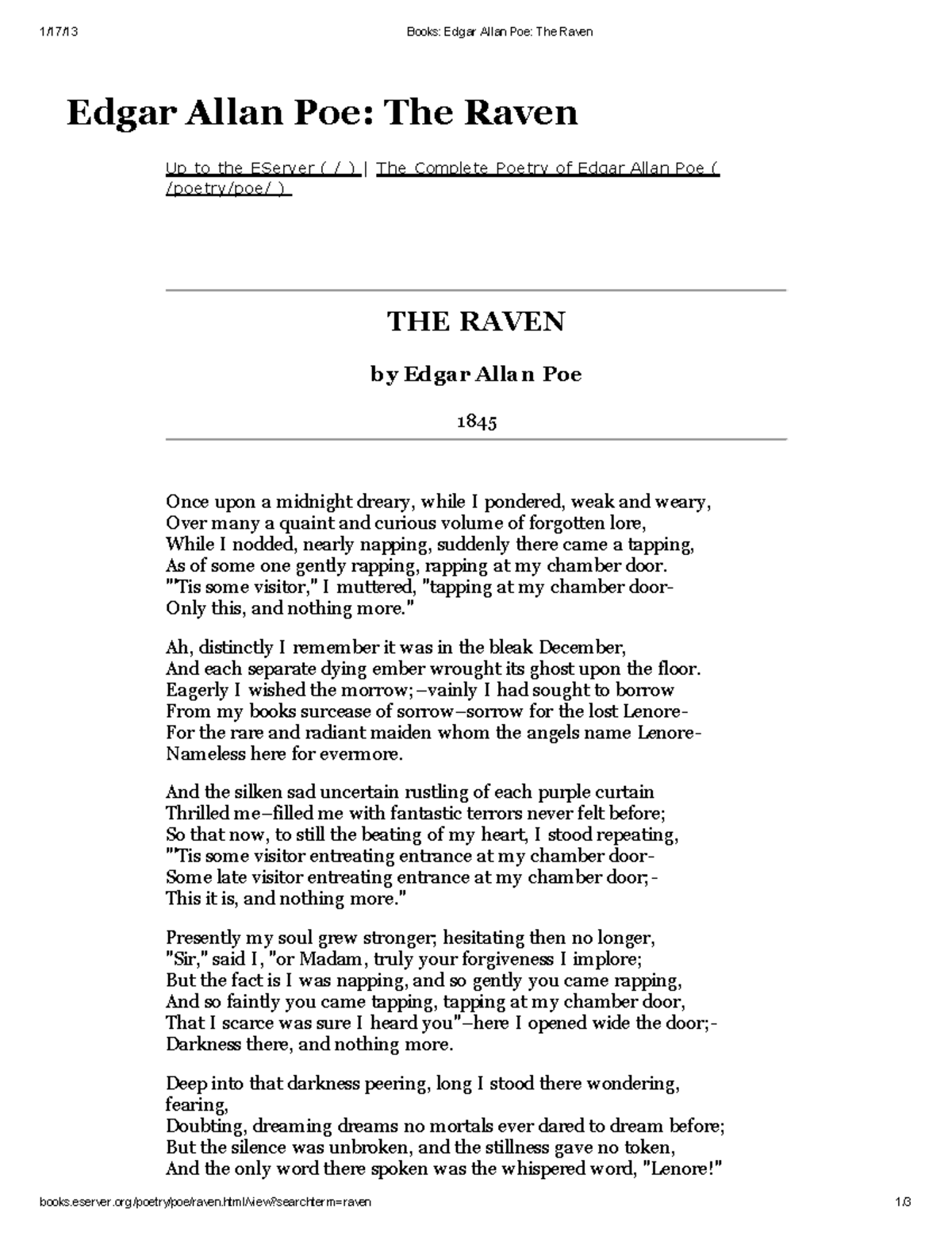 Edgar Allan Poe: The Raven - Complete Text Analysis - Studocu