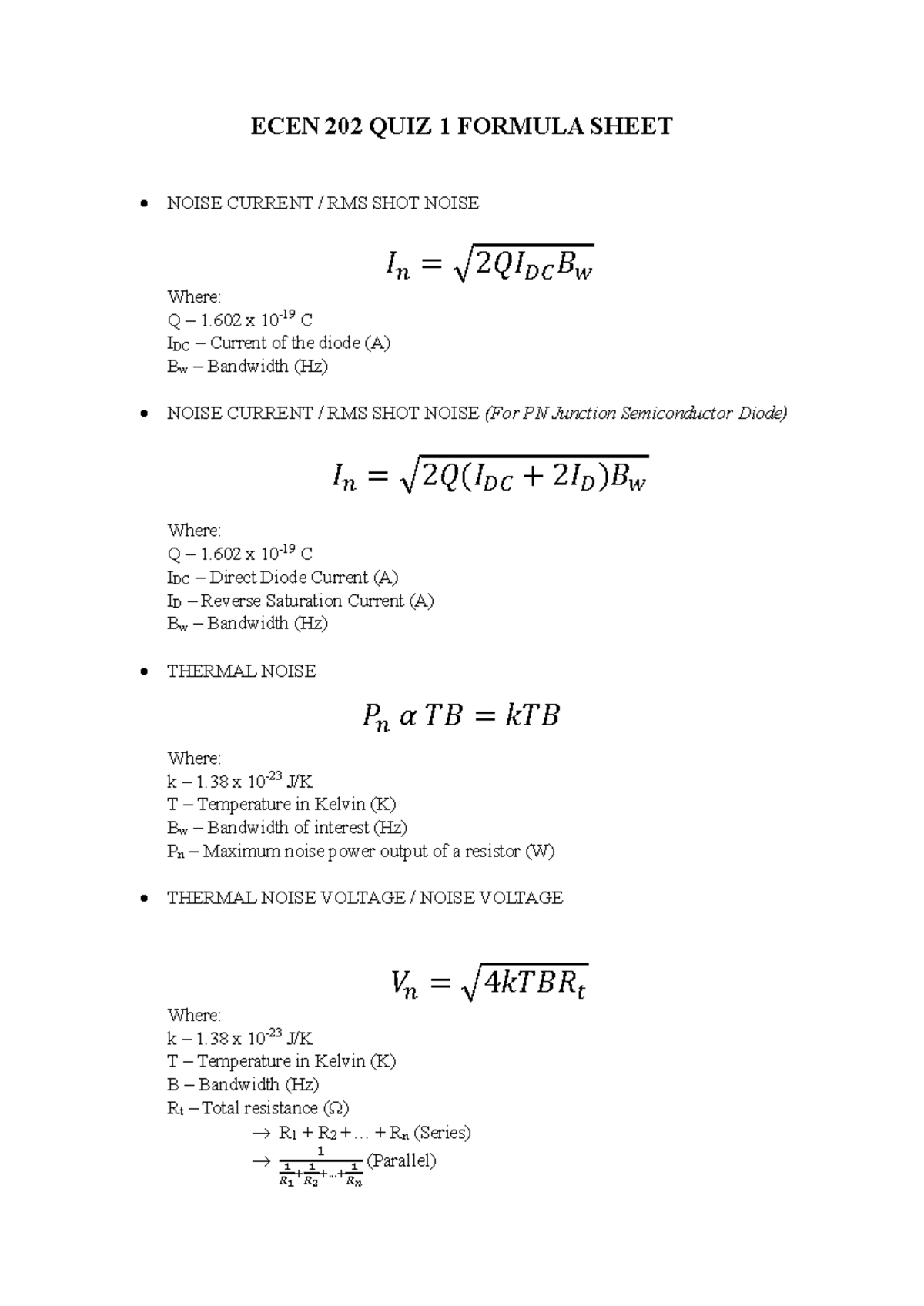 Formulas for Noise Analysis - ECEN 202 Quiz 1 - Studocu