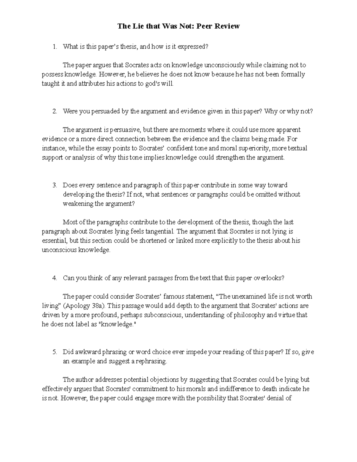 Peer Reviews on Socrates Paper - The Lie that Was Not: Peer Review 1 ...