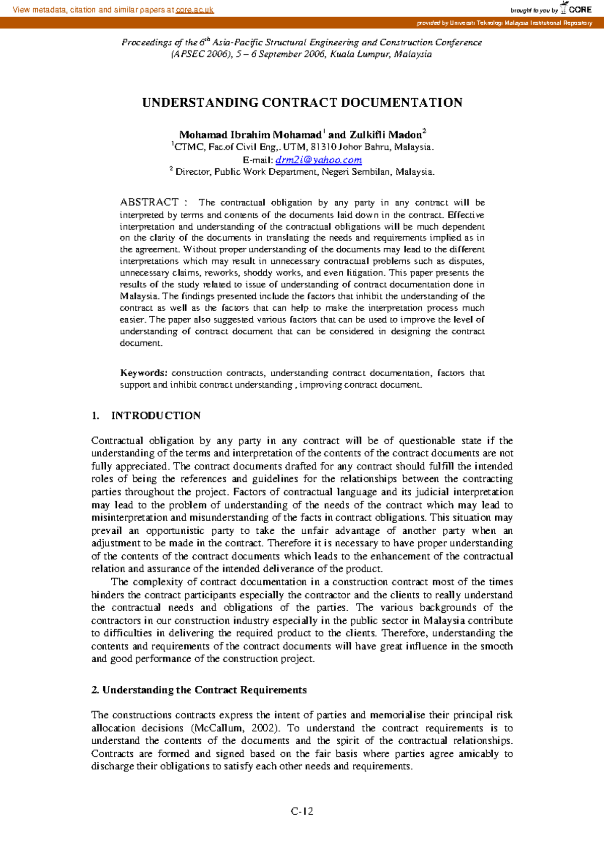 Understanding Contract Documentation in Construction (APSEC 2006) - Studocu