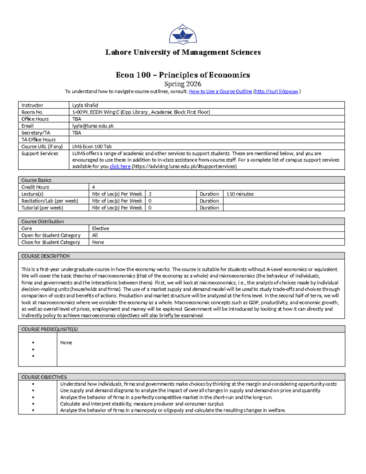 Econ 100 Principles of Economics Course Outline - Spring 2026 - Studocu