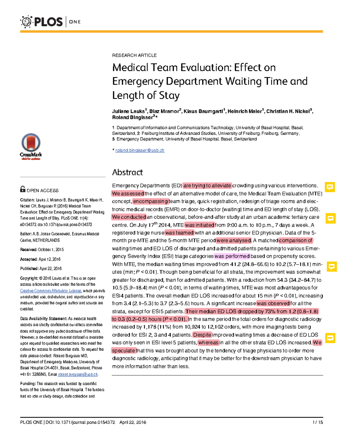 Medical Team Evaluation (MTE) Impact on ED Wait Times & Length of Stay ...