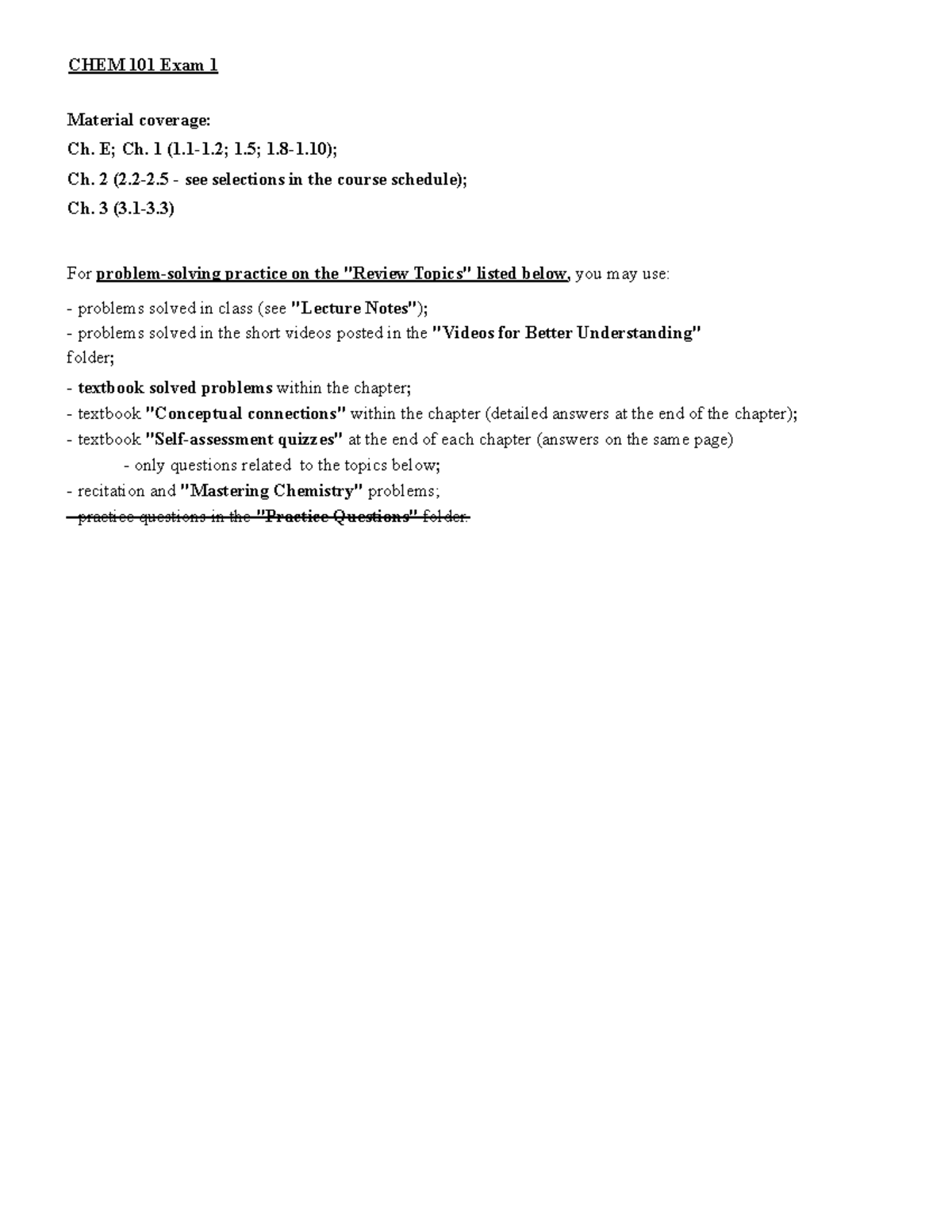 Review Topics for CHEM 101 F20 Exam I: Key Concepts & Problem-Solving ...