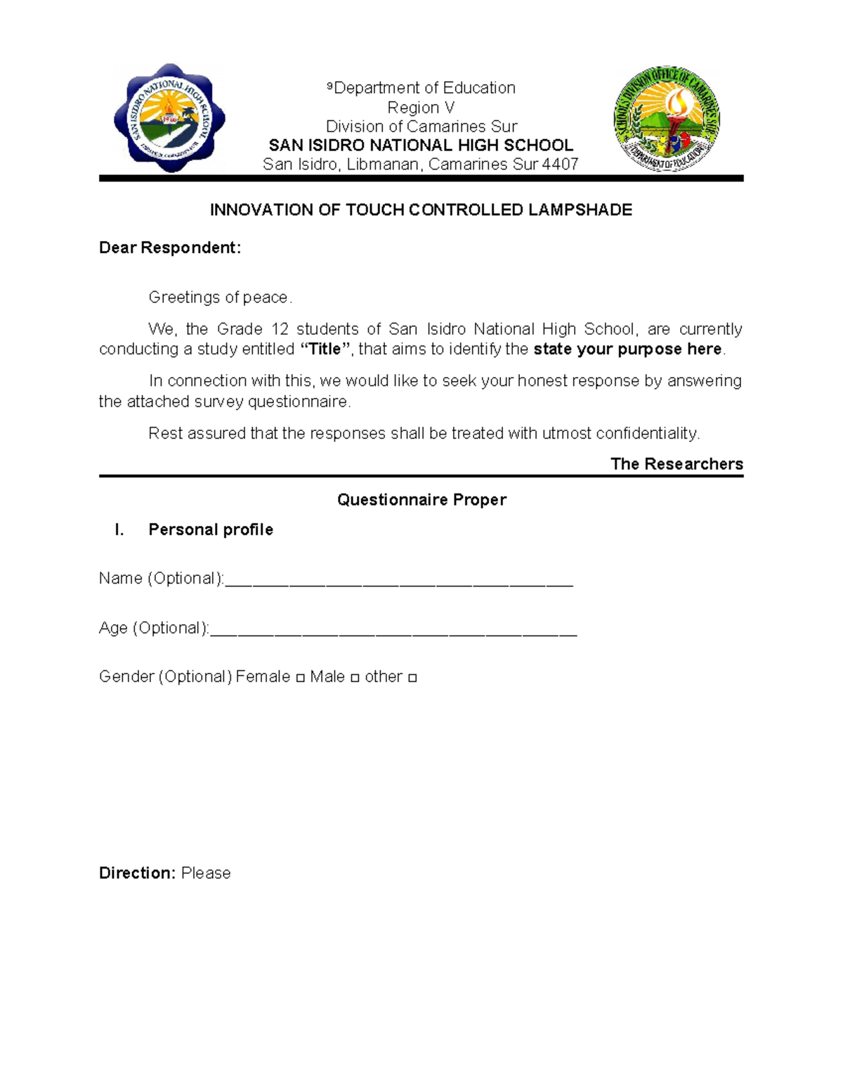 Survey-Questionnaire-Template - ⁹Department of Education Region V ...