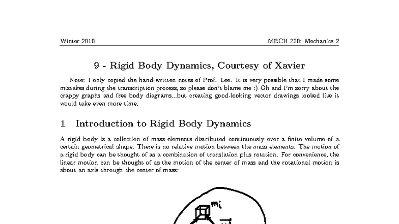 Winter 2010 MECH 220: Mechanics 2 Rigid Body Dynamics Notes - Studocu