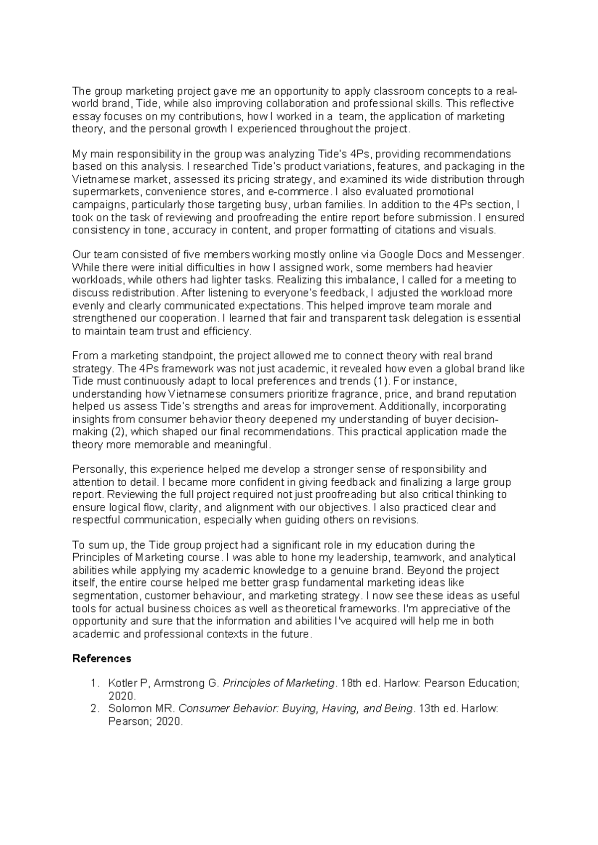 Reflective Essay on Group Marketing Project: Tide Brand Analysis (MKT ...