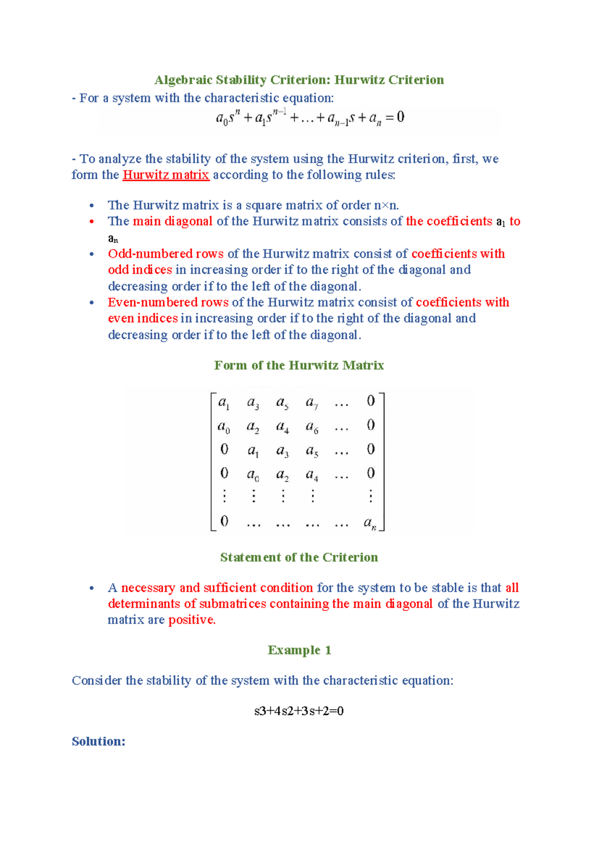 Algebraic Stability Criterion: Hurwitz Criterion Analysis for Systems ...
