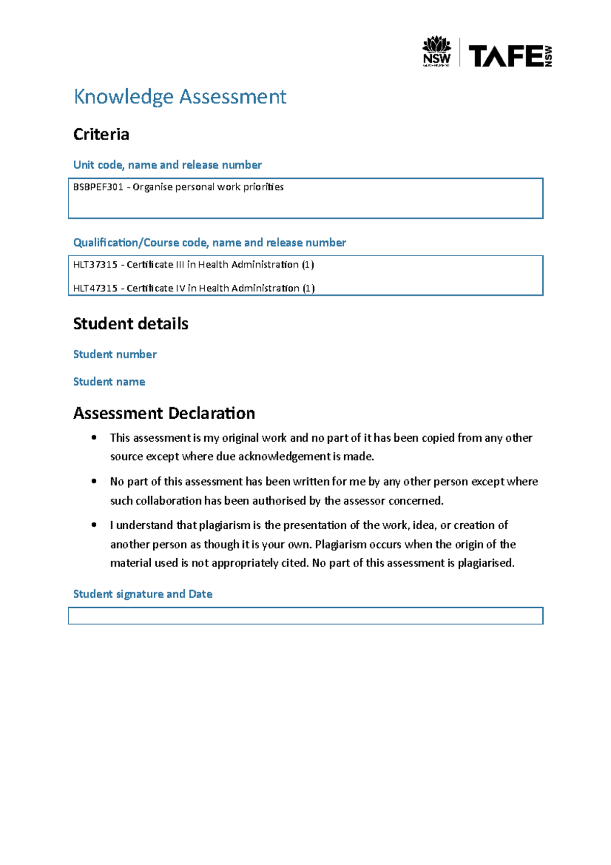 BSBPEF301 Assessment: Organising Personal Work Priorities Skills - Studocu
