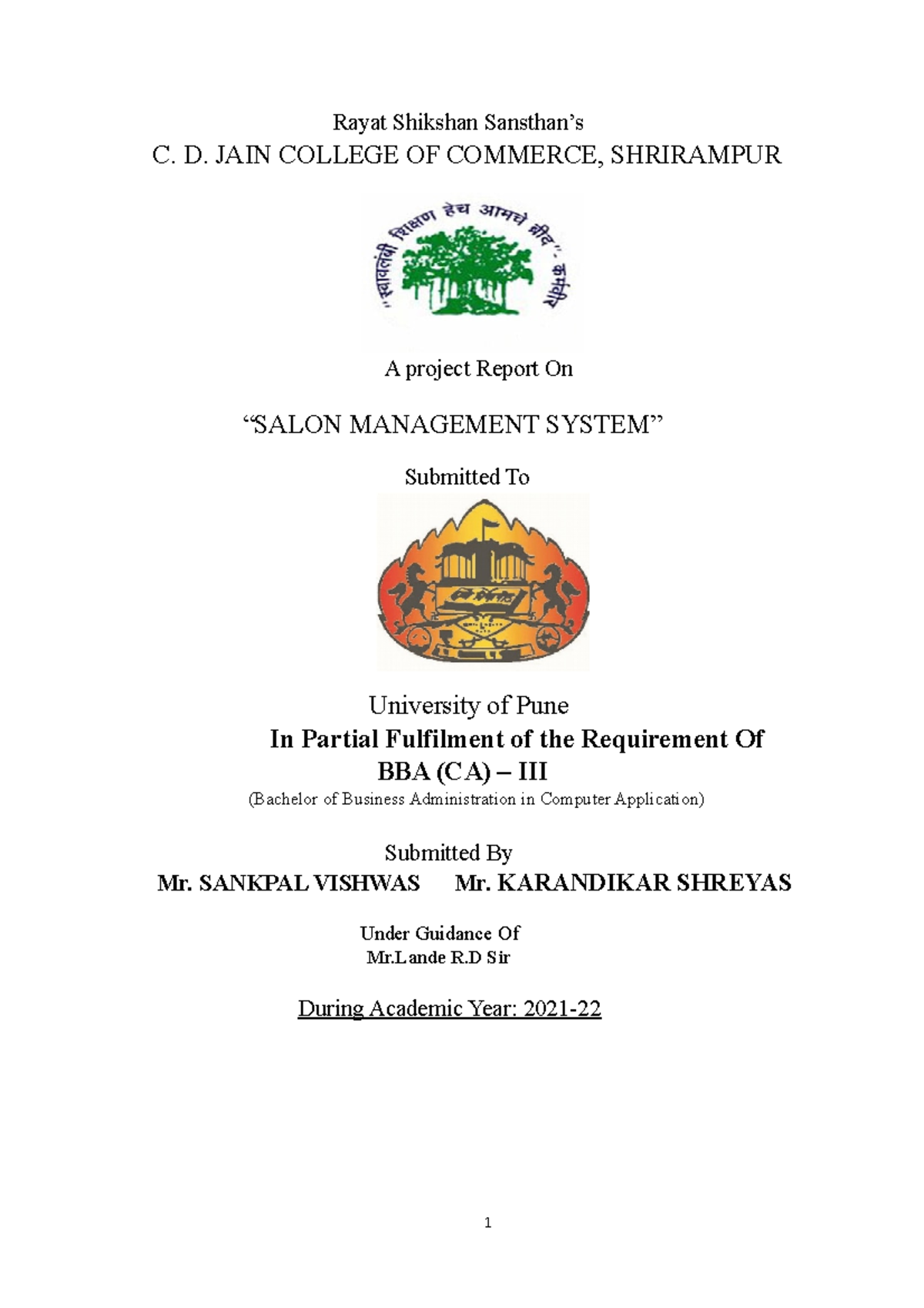 BBA(CA) - III Project Report: Salon Management System Overview - Studocu