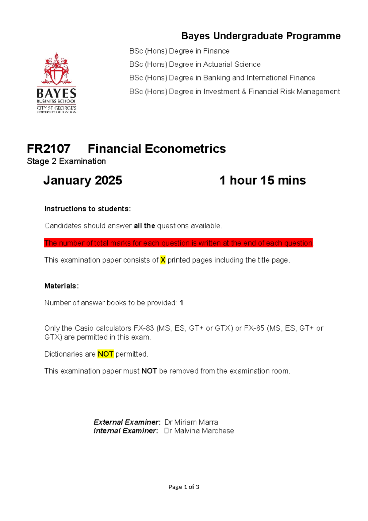 FR2107 Financial Econometrics Mock Exam January 2025 - Studocu
