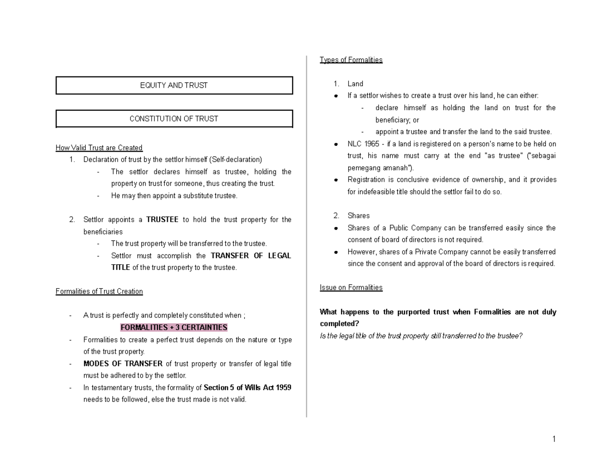 Equity and Trusts Final Exam Notes - Law for ILAC - Studocu
