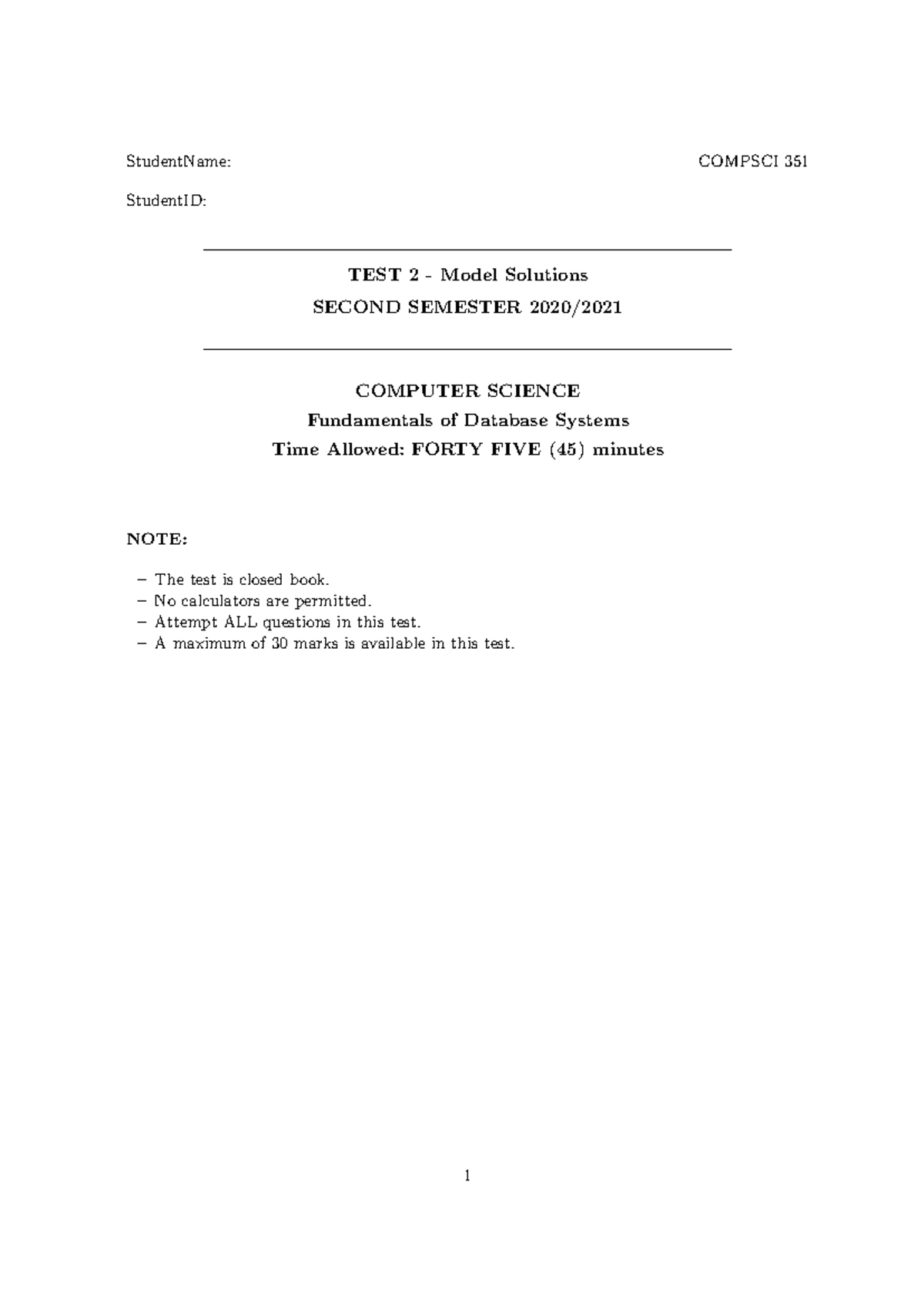 COMPSCI 351 Test 2 Model Solutions - Database Fundamentals - Studocu