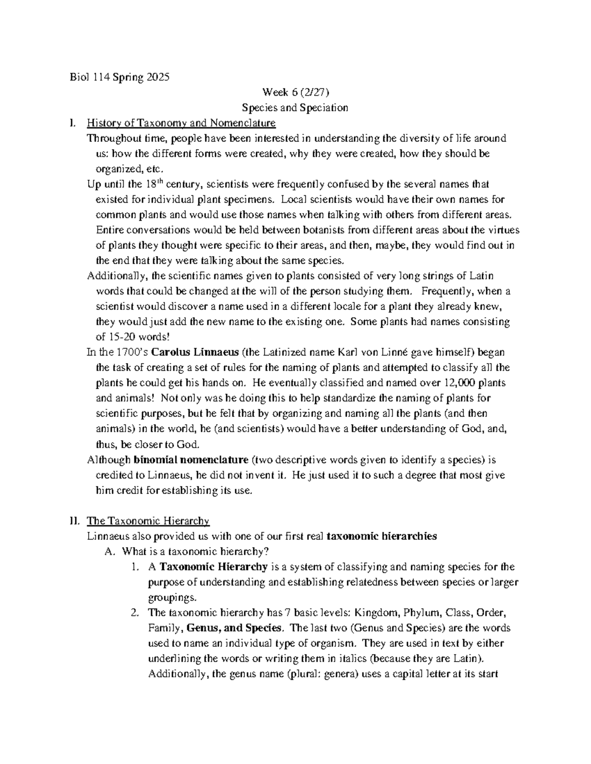 Biol 114 Spring 2025 Lecture Week 6: Species and Speciation Overview ...